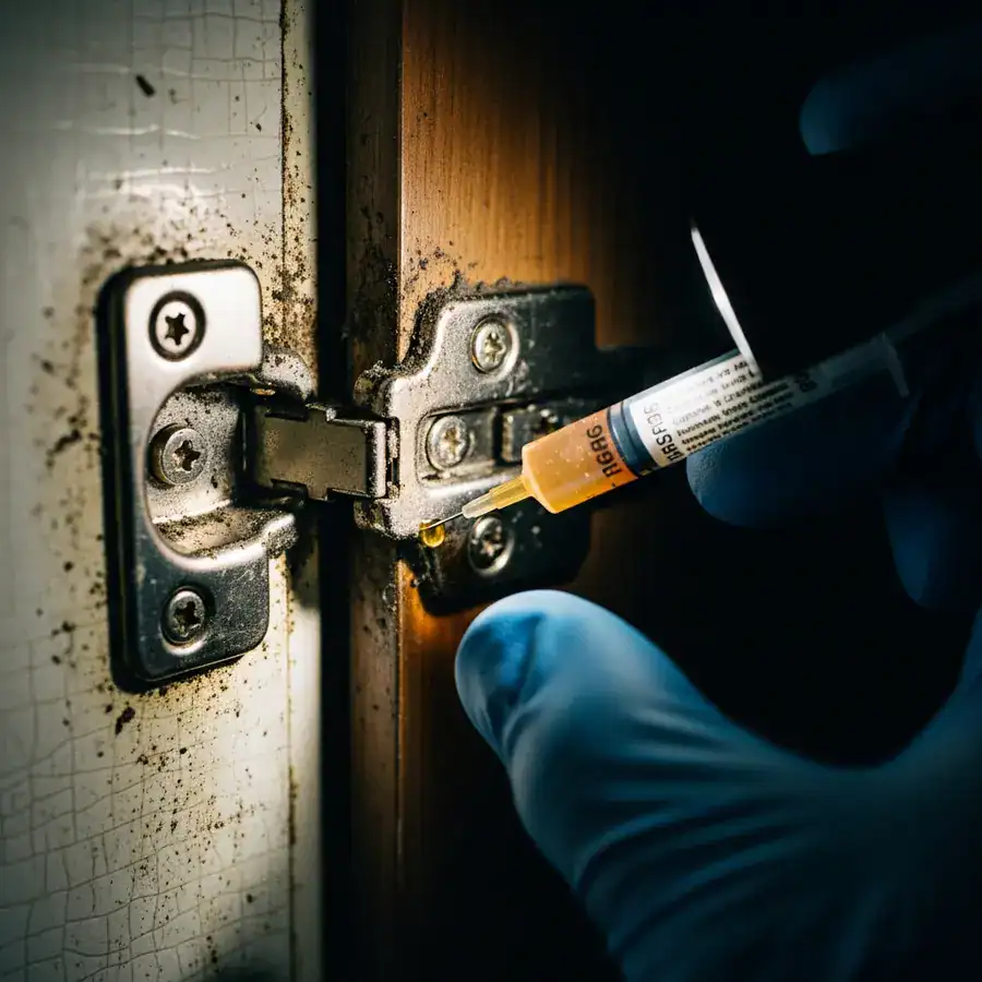 A gloved hand uses a syringe to apply a dot of pest control bait gel inside a dirty kitchen cabinet hinge.