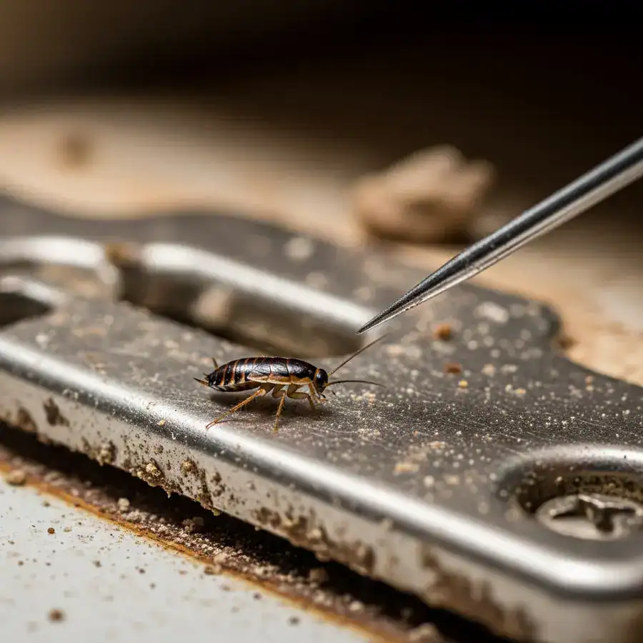 Close-up of a tiny baby German roach with a light stripe on its back, found on a dirty kitchen cabinet hinge during an inspection.