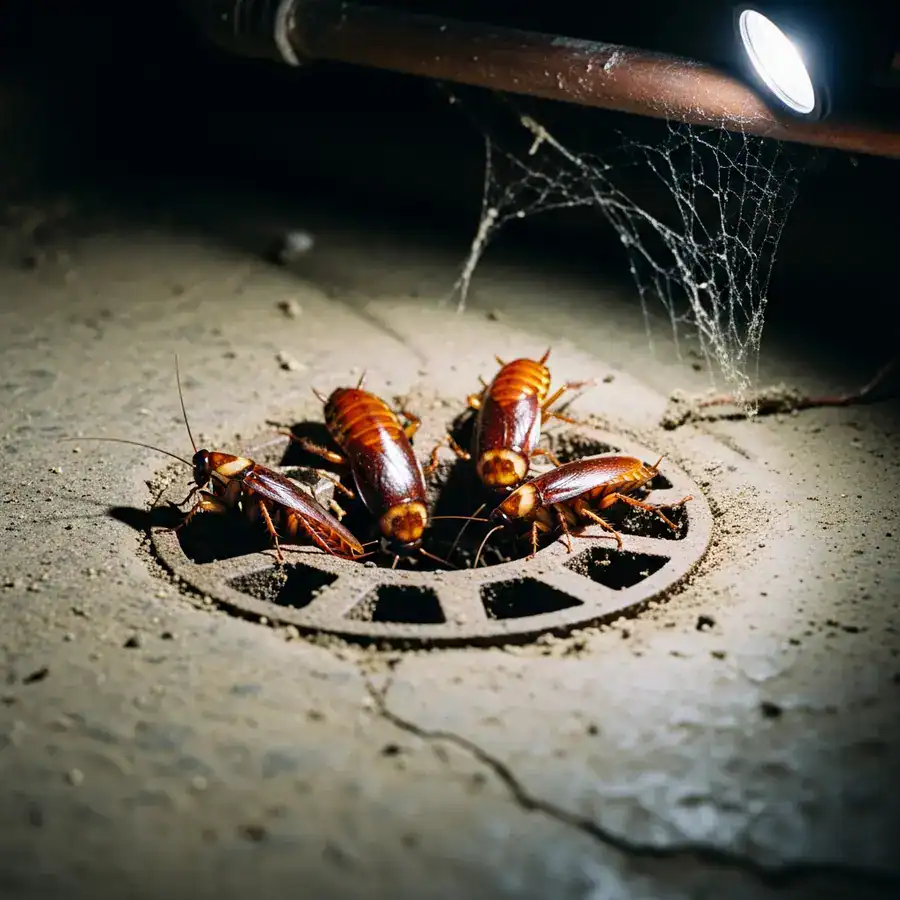 Close-up of large American roaches crawling from a rusted floor drain on a damp, dark basement floor.