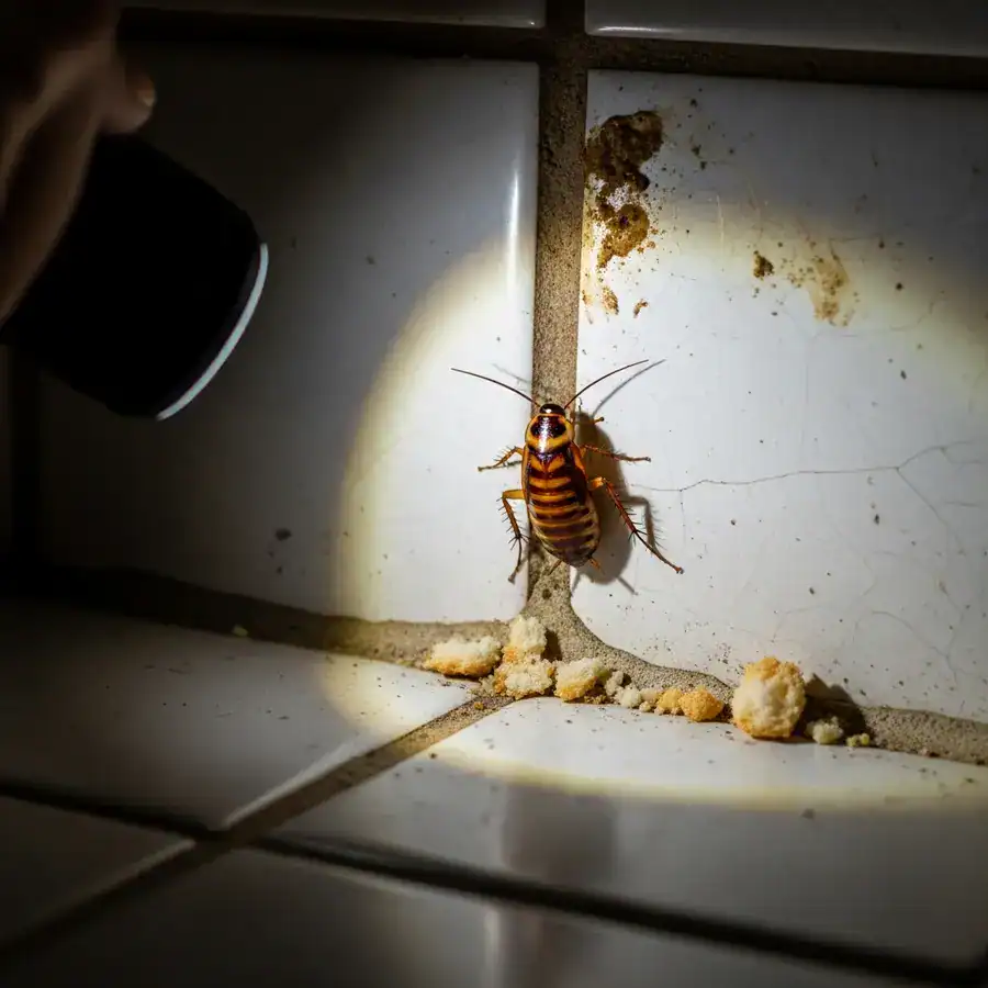 German cockroach with two dark stripes on its back hiding in a dirty kitchen countertop seam.