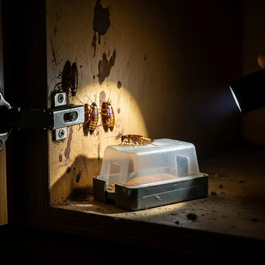 A close-up of a plastic roach bait trap being ignored by German roaches crawling inside a dark, dirty kitchen cabinet.