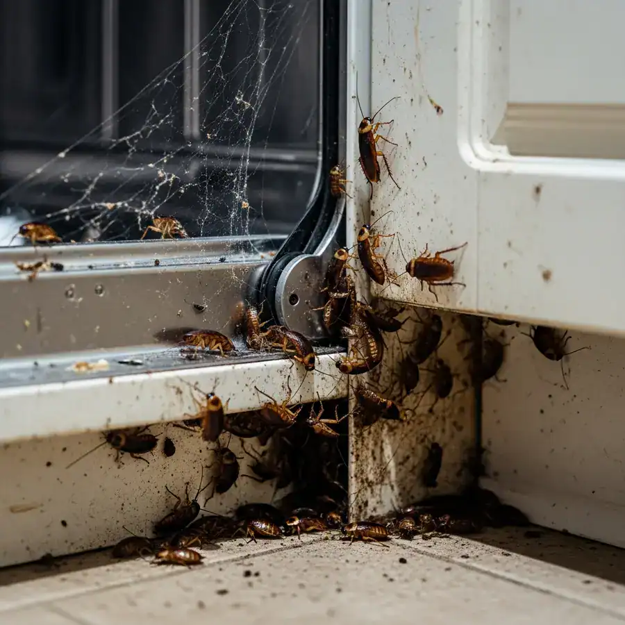 Close-up of a German roach infestation with droppings and shed skins covering the grimy wall behind a kitchen dishwasher.