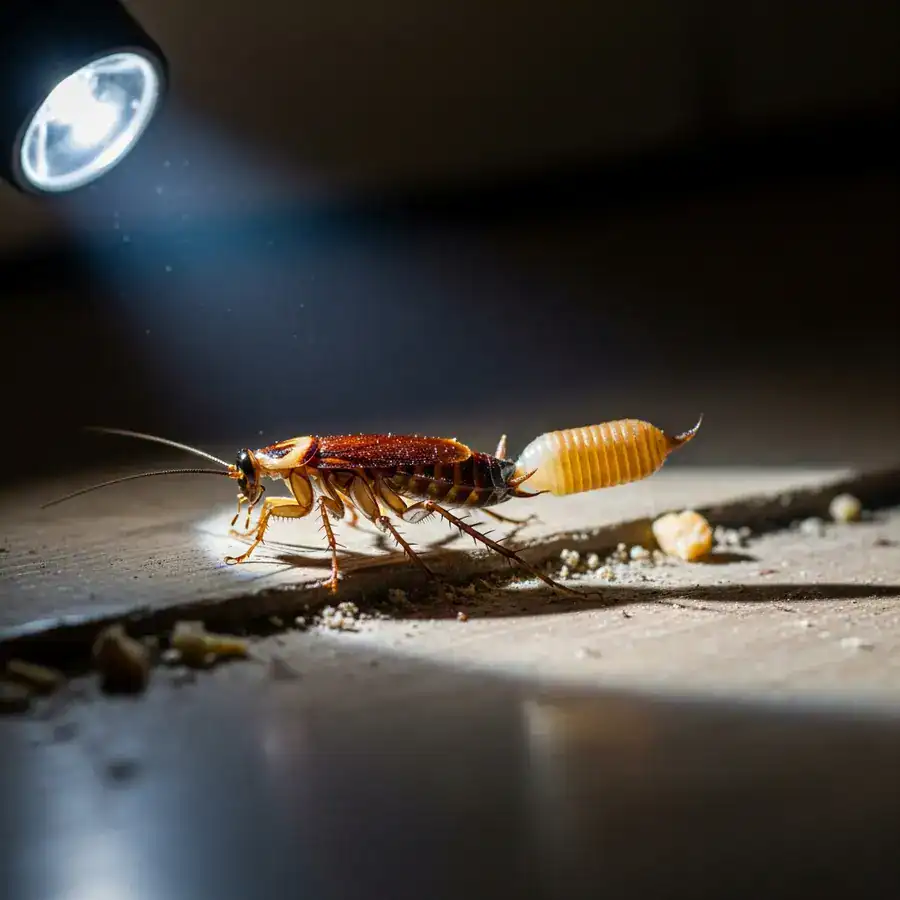 Close-up of a German roach with its ridged egg case attached, caught in a flashlight beam on a dirty floor.
