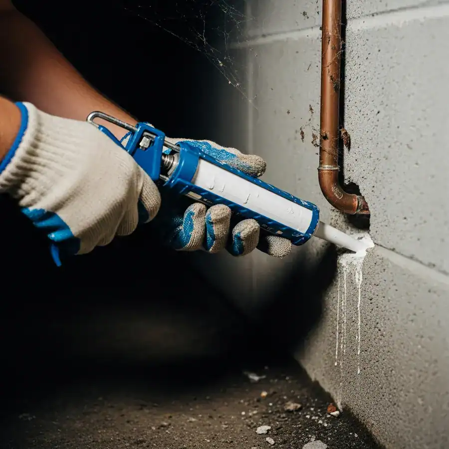 Close-up of a hand with a caulk gun sealing a crack around a copper pipe in a dark, unfinished basement wall.