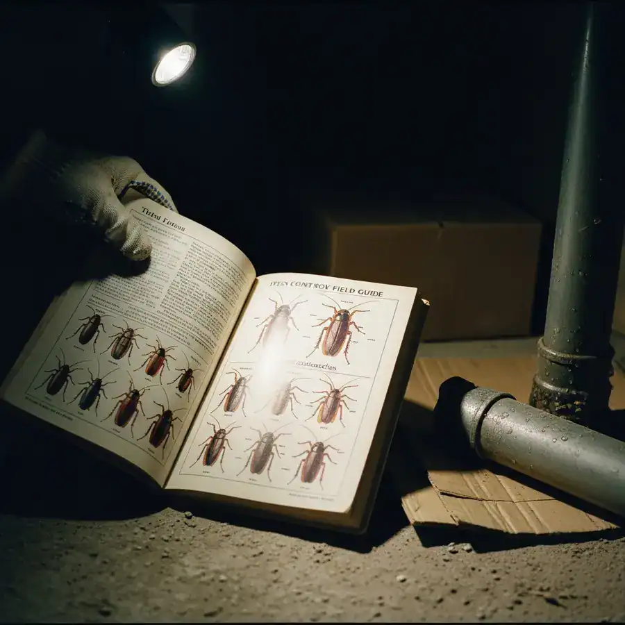 A gloved hand holds a pest identification guide open on a dusty concrete floor next to a pipe.