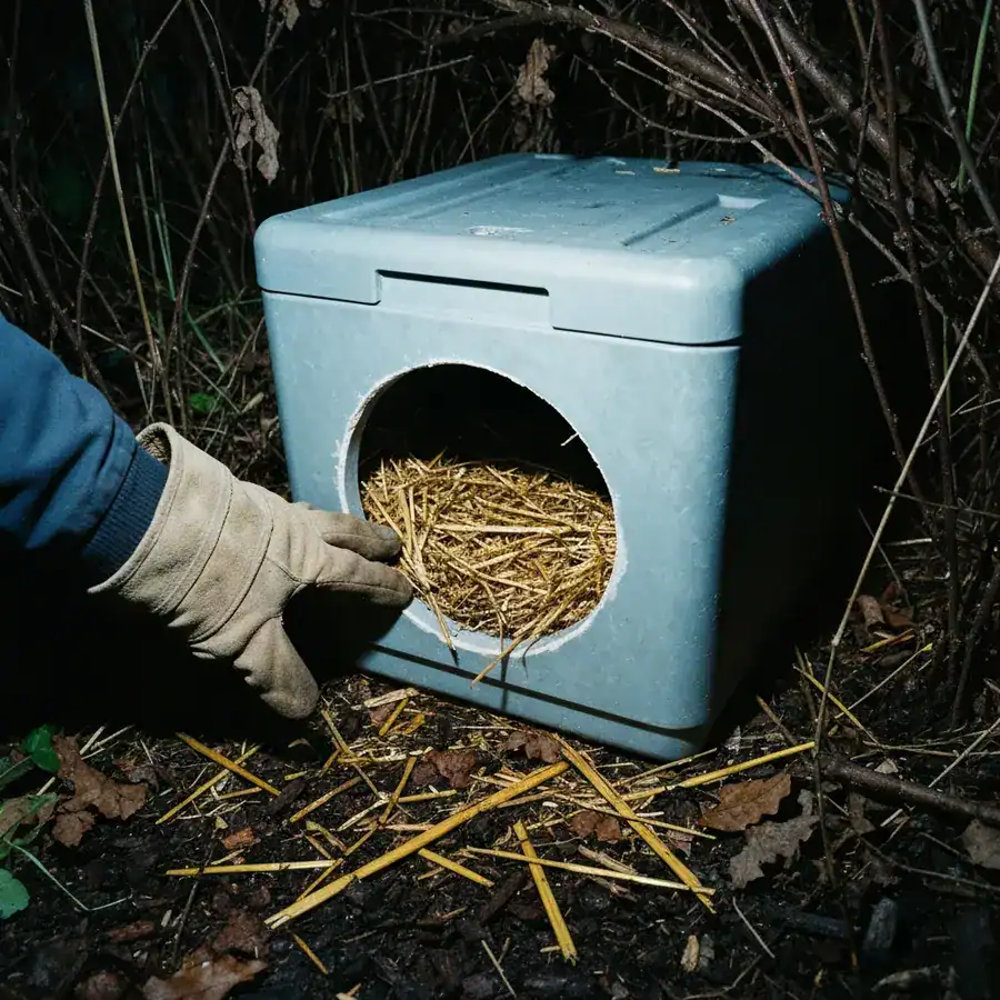 Close-up of a sanded entry hole in a plastic cooler shelter filled with dry straw in a dark garden corner.