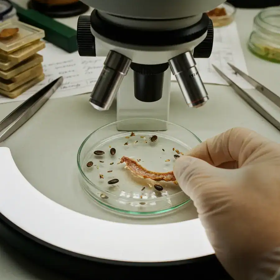 Close-up of opossum stomach contents in a petri dish under a dissecting microscope in a scientific research laboratory.