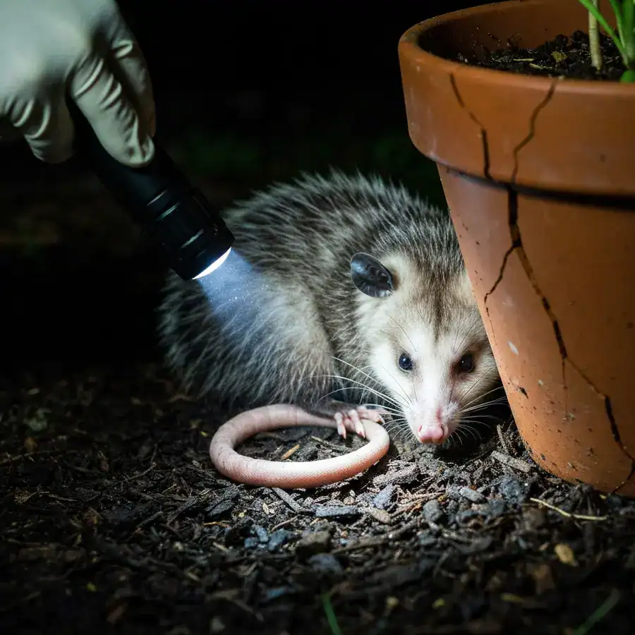 Close-up of an opossum behind a cracked garden pot, illuminated by a flashlight beam during a nighttime inspection.