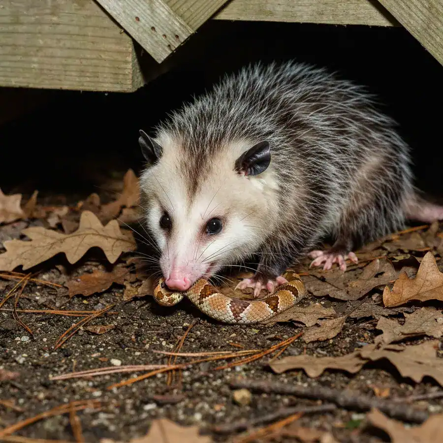 Close-up of a Virginia opossum eating a copperhead snake on a bed of dry leaves beneath a wooden porch.