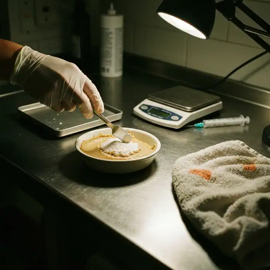 Close-up of a gloved hand mixing calcium supplements into a possum’s meal on a stainless steel rescue prep table.