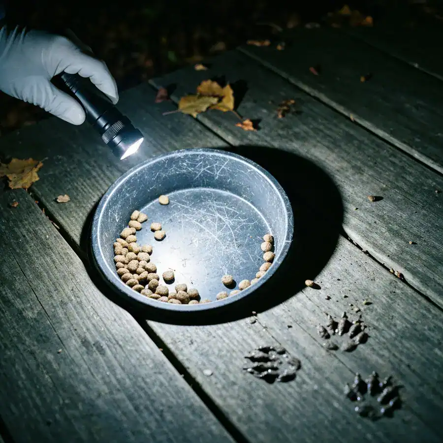 Gloved hand illuminating an overturned pet food bowl with scattered kibble on a weathered wooden backyard deck.