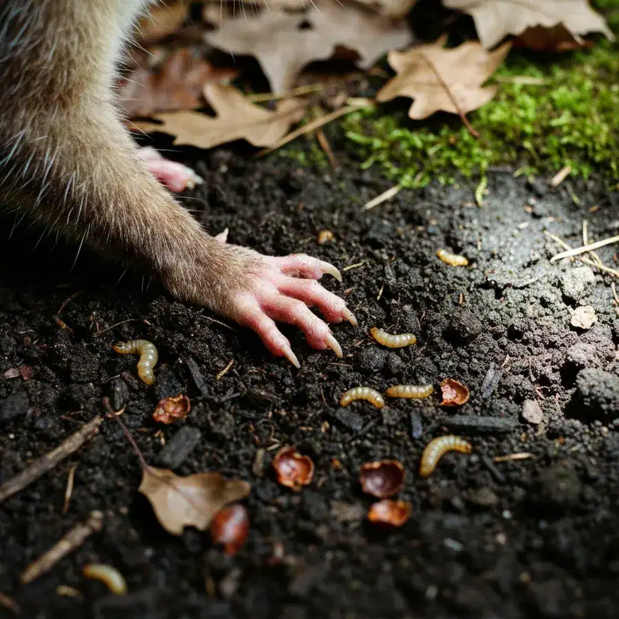 Close-up of a possum's paw rooting through dark garden soil and mulch under a bright flashlight beam.