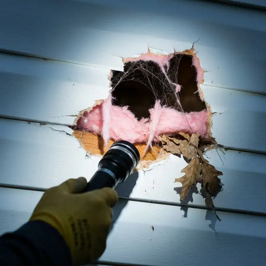 Gloved hand shining a flashlight on a jagged hole in a vinyl soffit where a possum entered a home's attic.