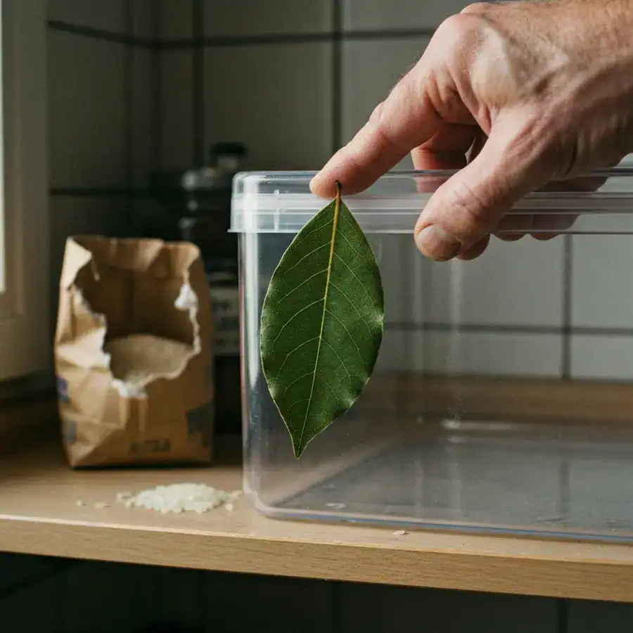 Hand pressing a bay leaf to the underside of a clear storage lid on a damp, freshly cleaned kitchen shelf.
