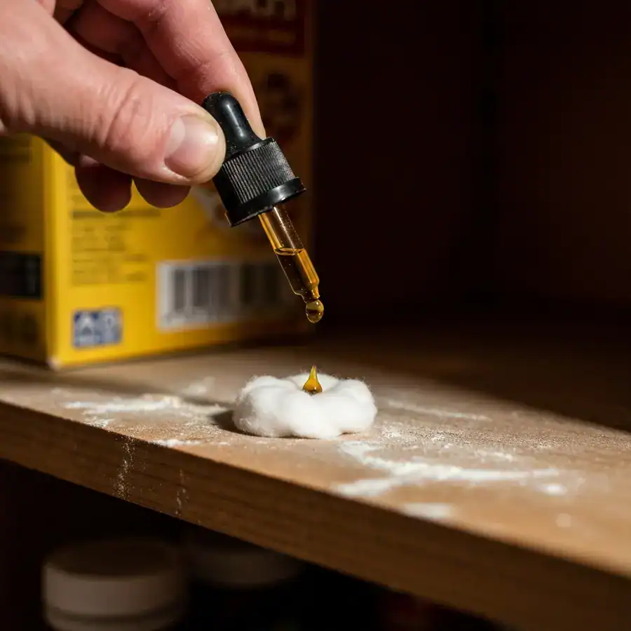 Close-up of clove oil being applied to a cotton ball in a dusty, high-contrast wooden pantry corner.