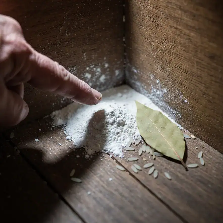 Close-up of white diatomaceous earth powder dusted into a dark wooden pantry corner next to a dried bay leaf.