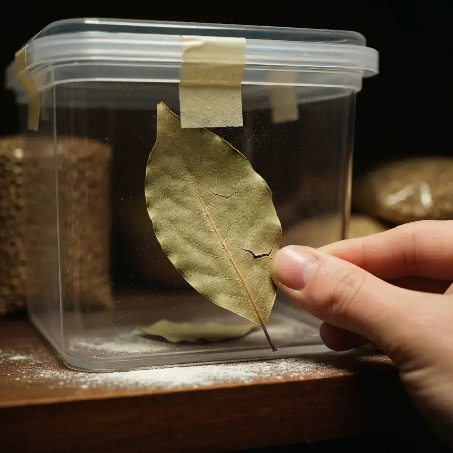 Fingernail scratching a dried bay leaf taped to an acrylic container lid in a dimly lit kitchen pantry.