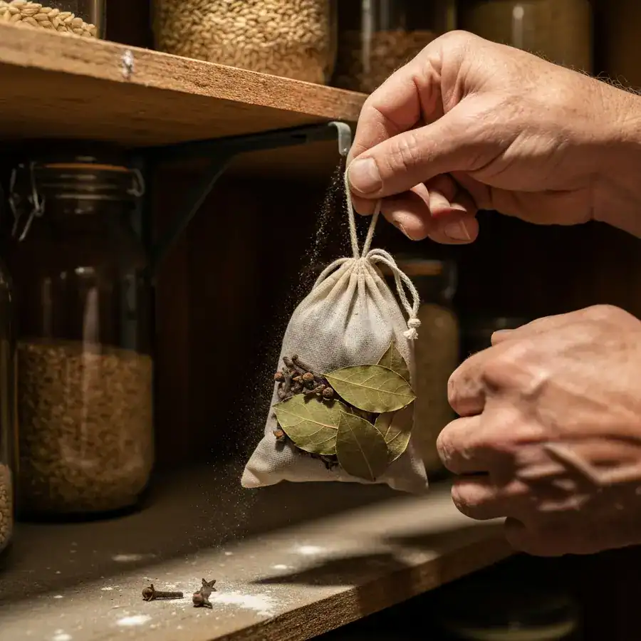 Muslin sachet filled with herbs being hung on a metal shelf bracket inside a dimly lit, dusty kitchen pantry.