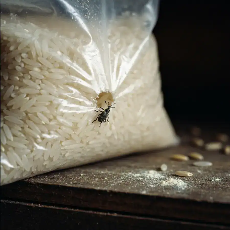 Macro of a rice weevil emerging from a tiny hole chewed through a plastic grain bag on a dark pantry shelf.