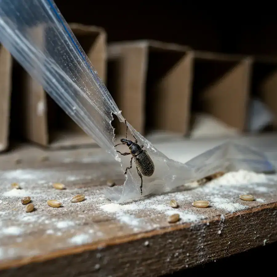 Close-up of a rice weevil chewing through a plastic bag on a dusty, flour-covered wooden pantry shelf.