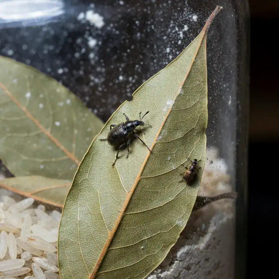 Macro of a pantry beetle crawling over a dried bay leaf inside a dusty glass jar with flour remnants.
