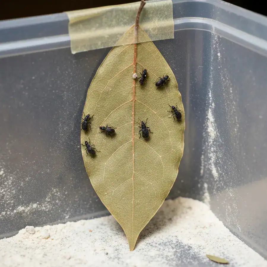 Grain weevils crawling over a brittle, taped bay leaf inside a dusty flour bin.