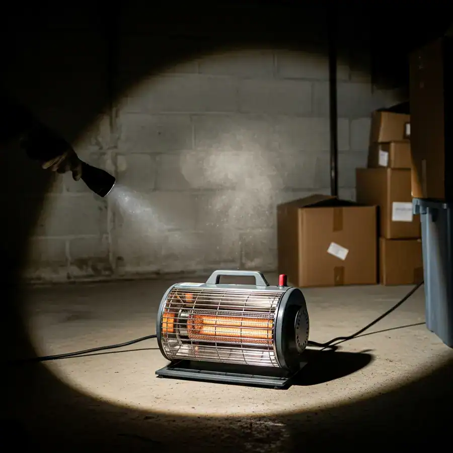 Close-up of heater, flashlight beam illuminating dust, cluttered basement.