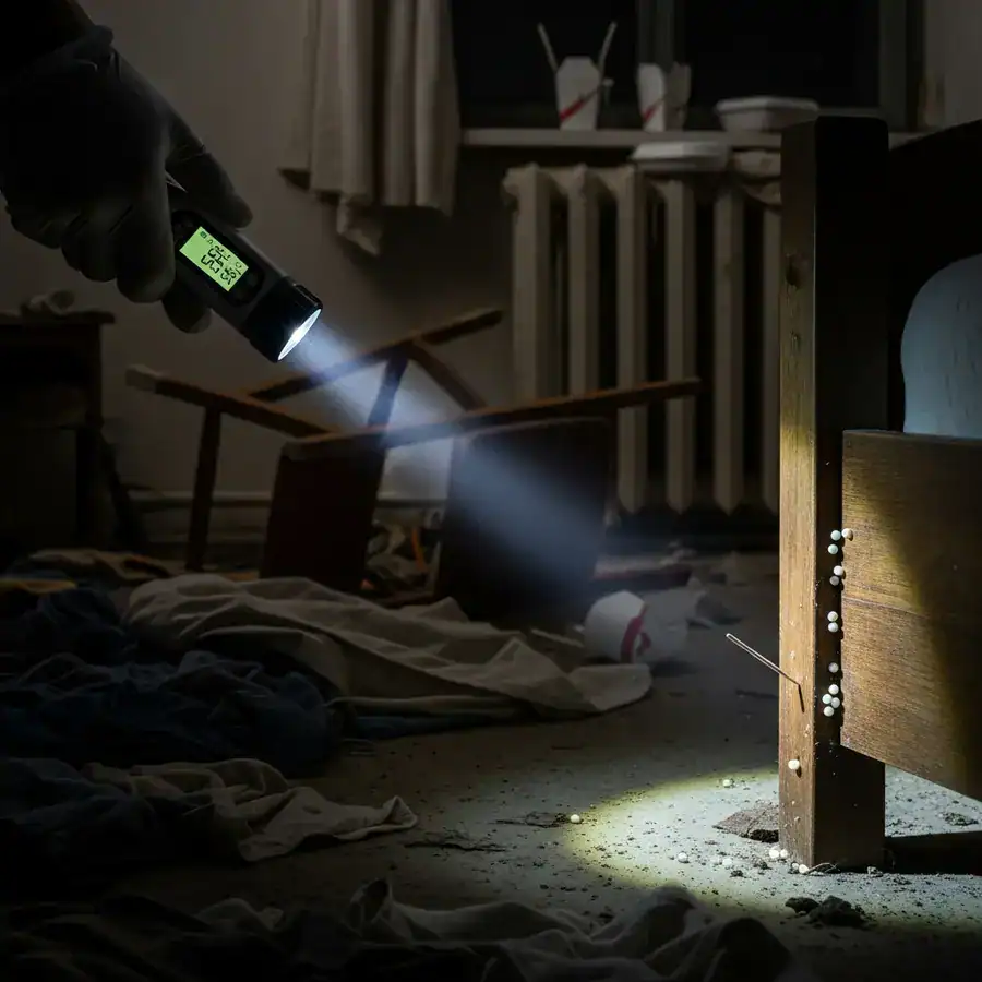 Close-up of thermometer measures near bedbug eggs. Flashlight reveals clutter in infested room during heat treatment.