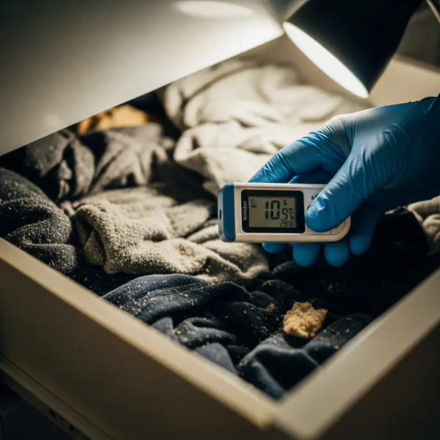 Close-up of a thermometer reading inside a cluttered dresser drawer, part of a DIY bed bug heat treatment.
