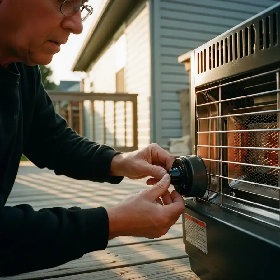 Close-up of heater control knob being adjusted amid cardboard boxes and an old rug.