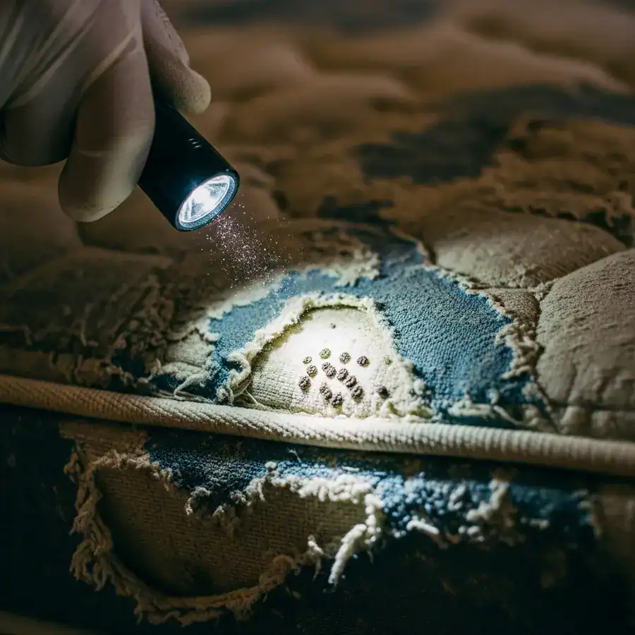 Close-up of suspected bed bug fecal stains under flashlight on a stained mattress.