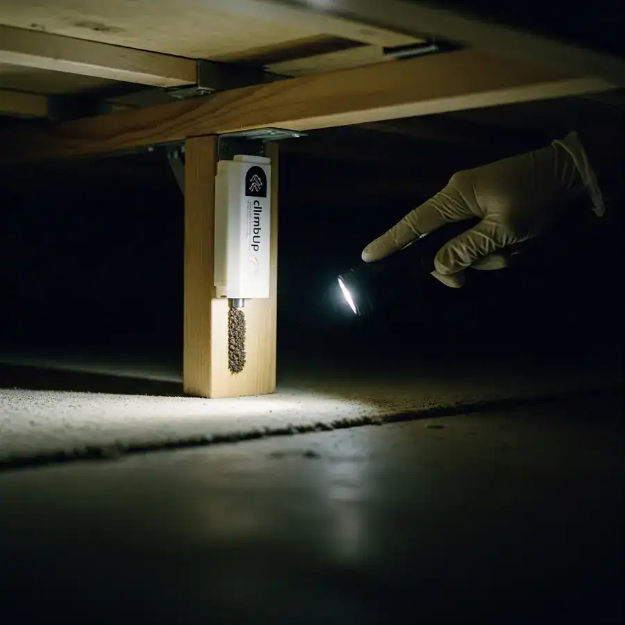 Close-up of interceptor. Flashlight reveals dust and potential bed bug entry point in basement setting.
