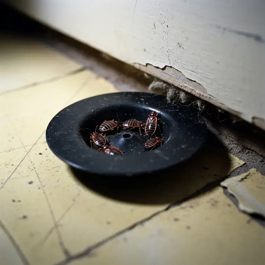 Close-up black bed bug interceptor with trapped bedbugs on dusty linoleum floor near a wall.
