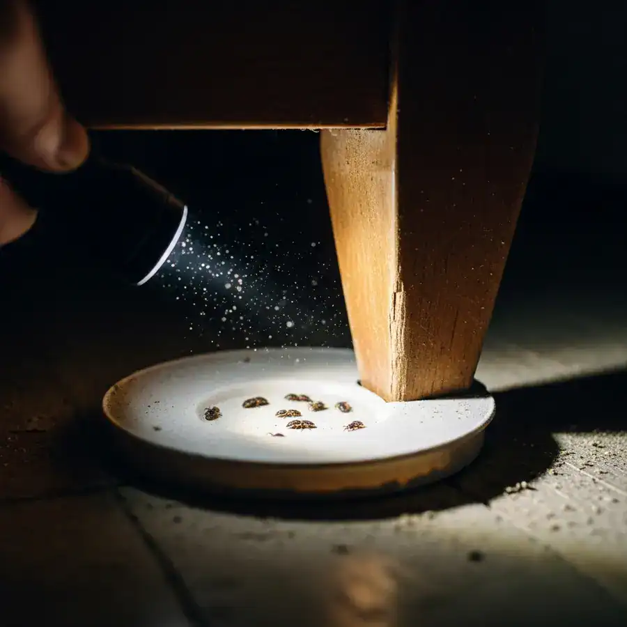 Close-up of ClimbUp trap with dead bed bugs under bed frame, dust, flashlight.