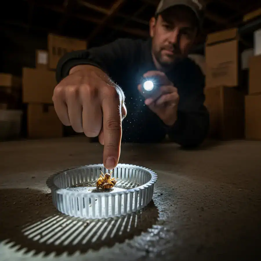 Close-up of dead bed bug in interceptor well. Technician inspecting basement for infestation.