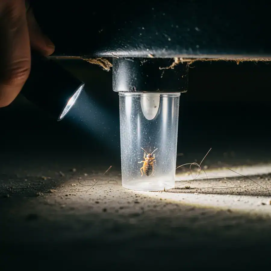 Close-up of bed bug trap showing a dead bug. Flashlight illuminates the dusty floor underneath the bed.
