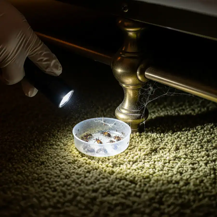 Close-up of interceptor. Flashlight reveals dead bugs inside near dusty carpet under bed.