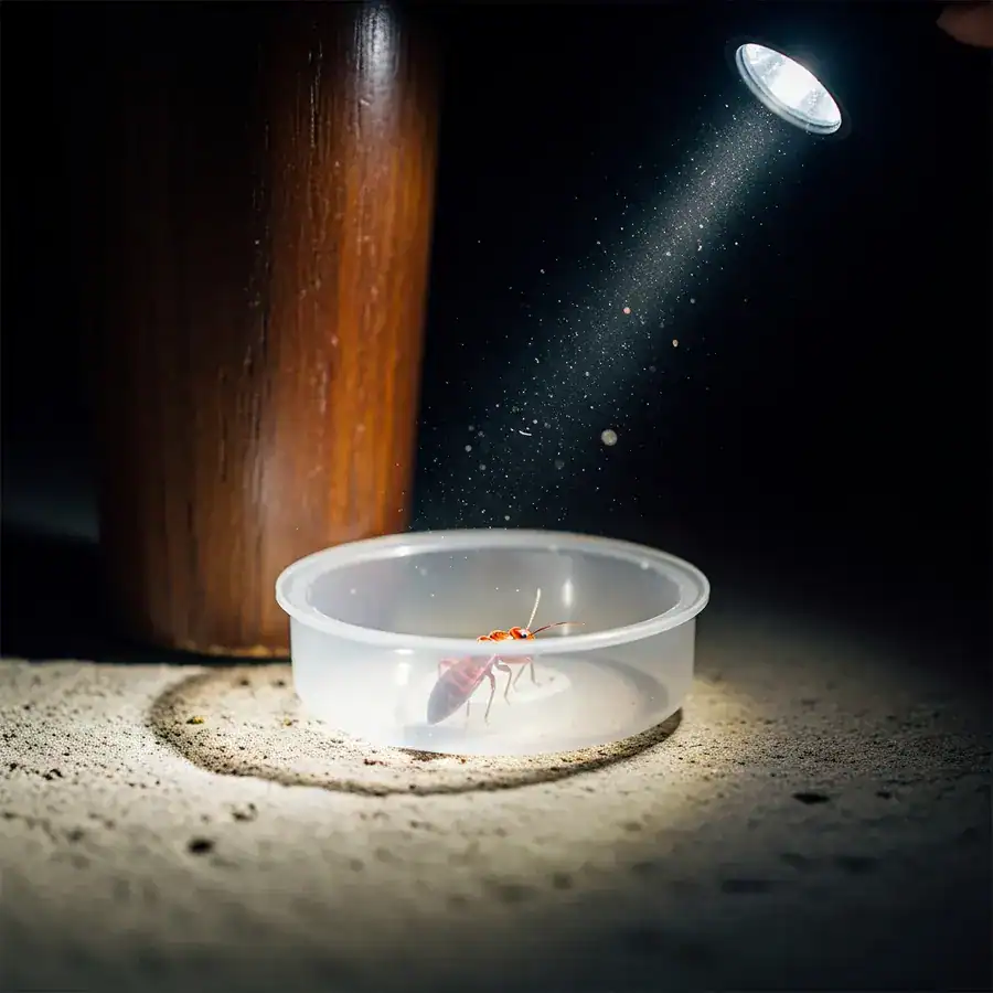 Close-up of bed bug trapped, unable to climb smooth plastic interceptor under bed leg on stained concrete floor.