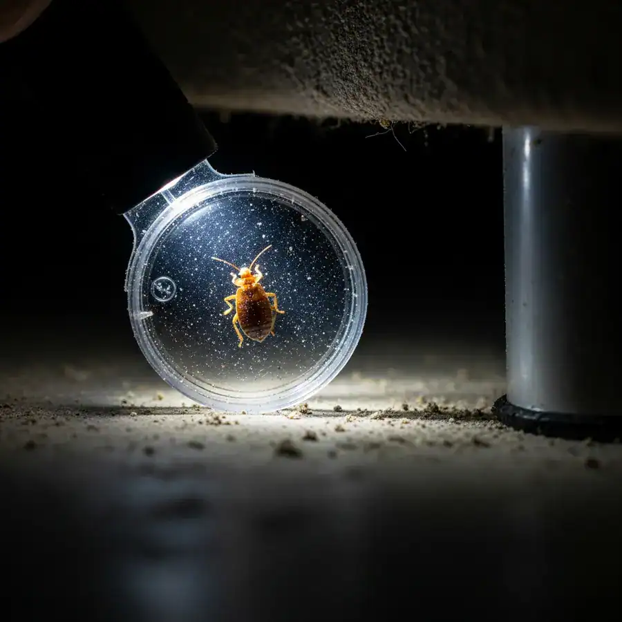Close-up of bed bug trapped in interceptor, illuminated by flashlight under dusty bed.