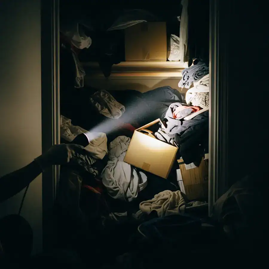 A technician's gloved hand points a flashlight into a closet packed with clutter, revealing improper heat treatment preparation.