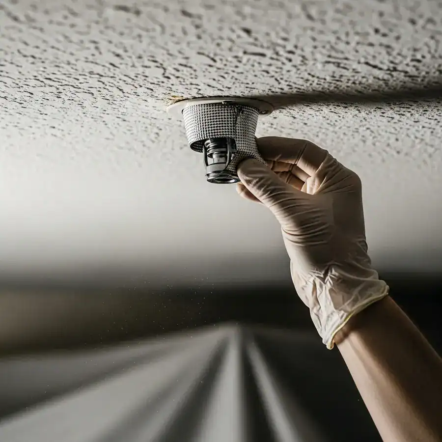 Close-up of a gloved hand placing a thermal cover on a fire sprinkler head on a textured ceiling during pest control prep.