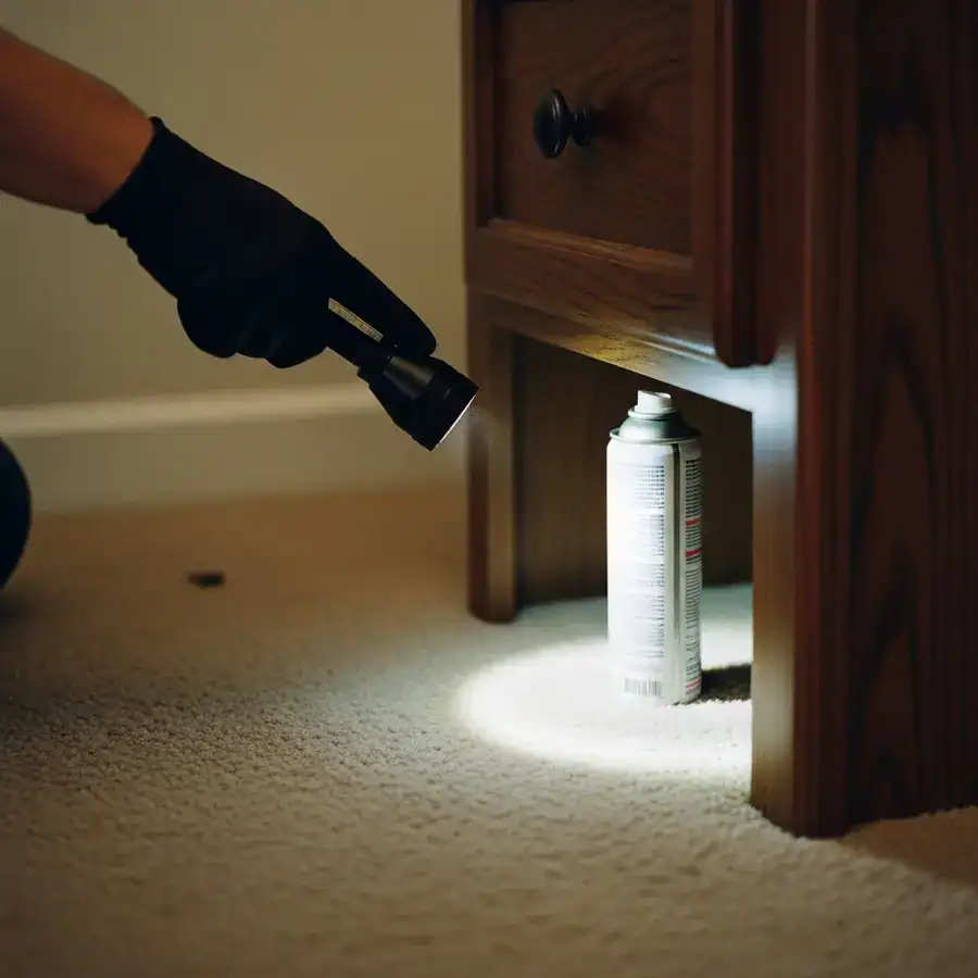 A gloved hand points a flashlight at a missed aerosol can, a fire hazard found under a cluttered nightstand before heat treatment.
