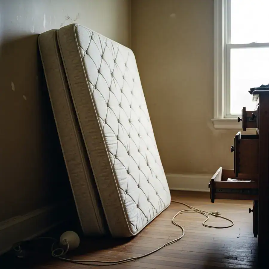 A mattress and box spring stood on end against a wall in a bedroom being prepared for a bed bug heat treatment.