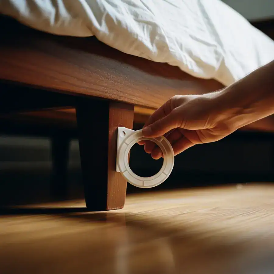 Close-up of a bed bug interceptor trap being placed under a wooden bed leg on a hardwood floor for post-treatment monitoring.