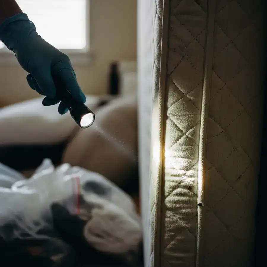 A technician's gloved hand points a flashlight at a mattress seam during a final bed bug treatment walk-through in a bedroom.