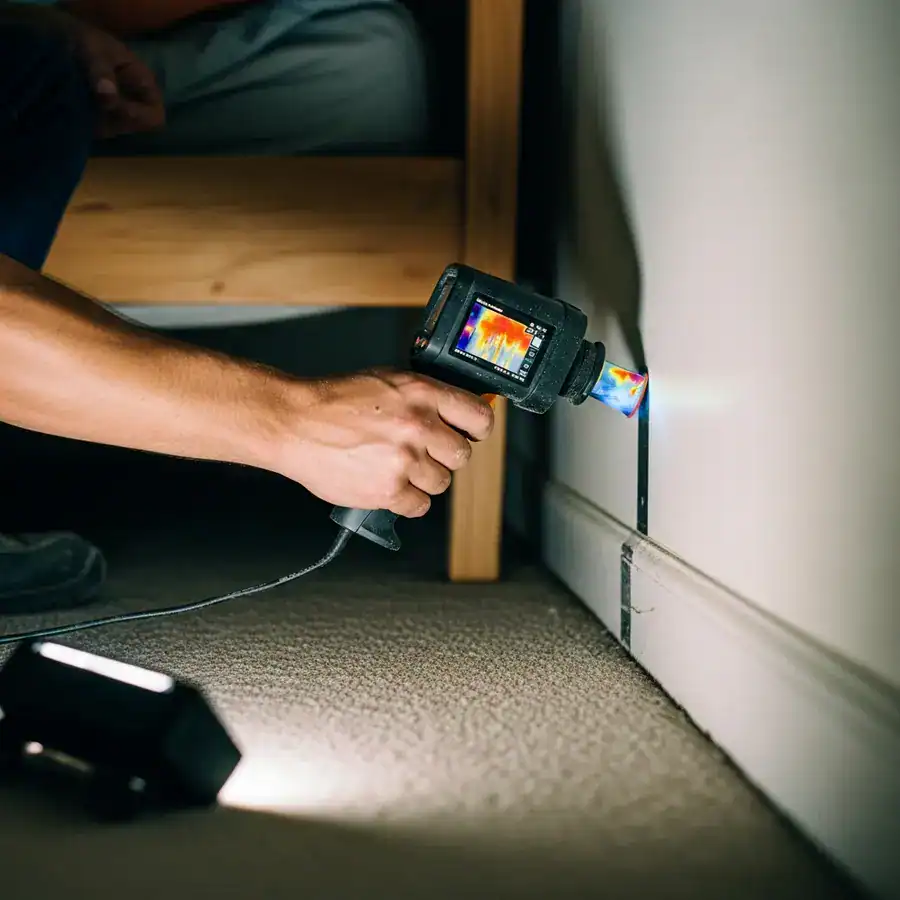 A technician aims a thermal camera at a baseboard crevice to monitor for cold spots during a bed bug heat treatment.