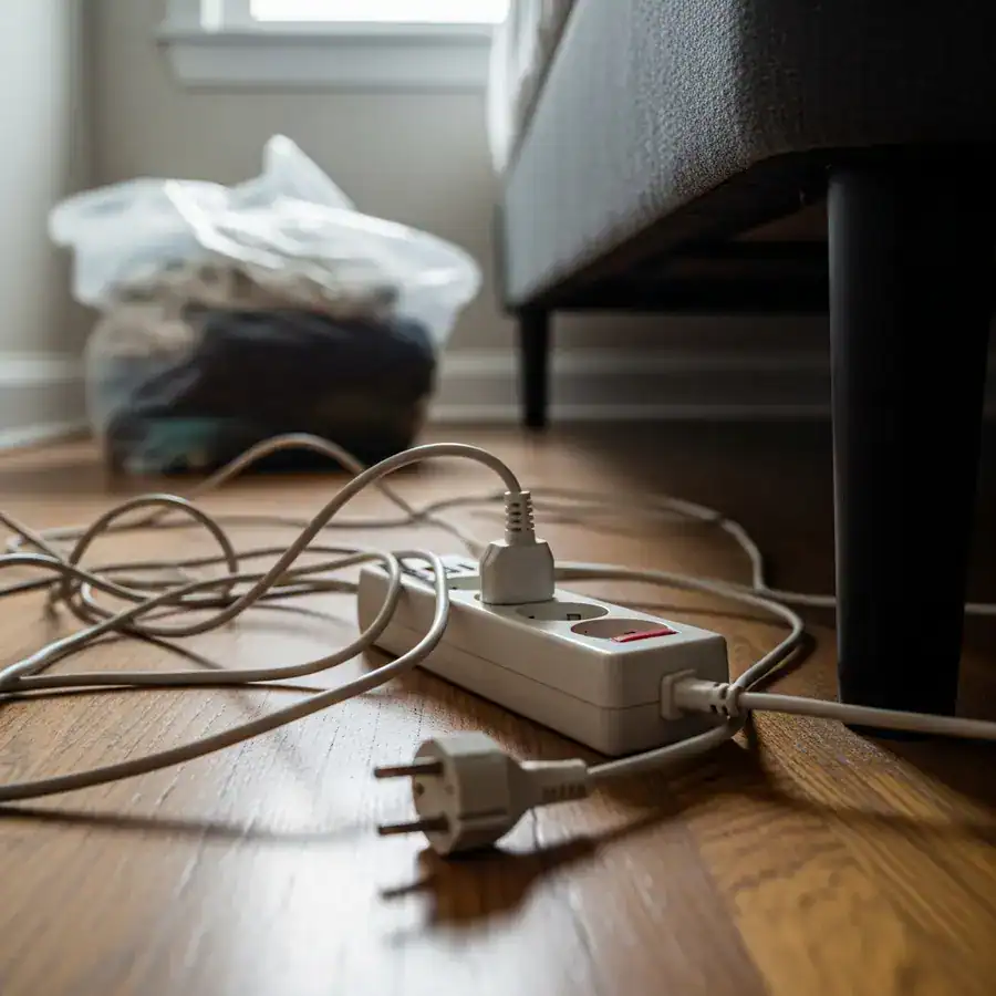 Close-up of an unplugged power strip and cords on a dusty floor, showing preparation for a bed bug heat treatment.
