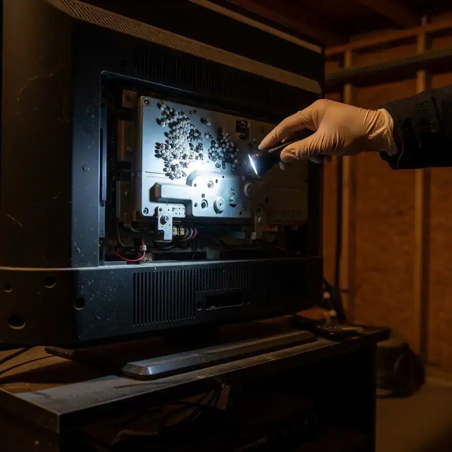 Close-up of bed bug eggs infesting a TV's back vent, revealed by flashlight in a dusty, unfinished basement.