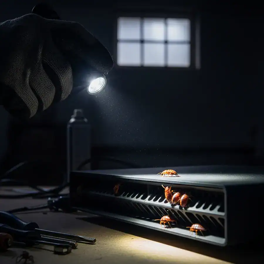 Close-up of PS5 vent shows bed bugs clustered inside, illuminated by flashlight. Cluttered workbench in the background.