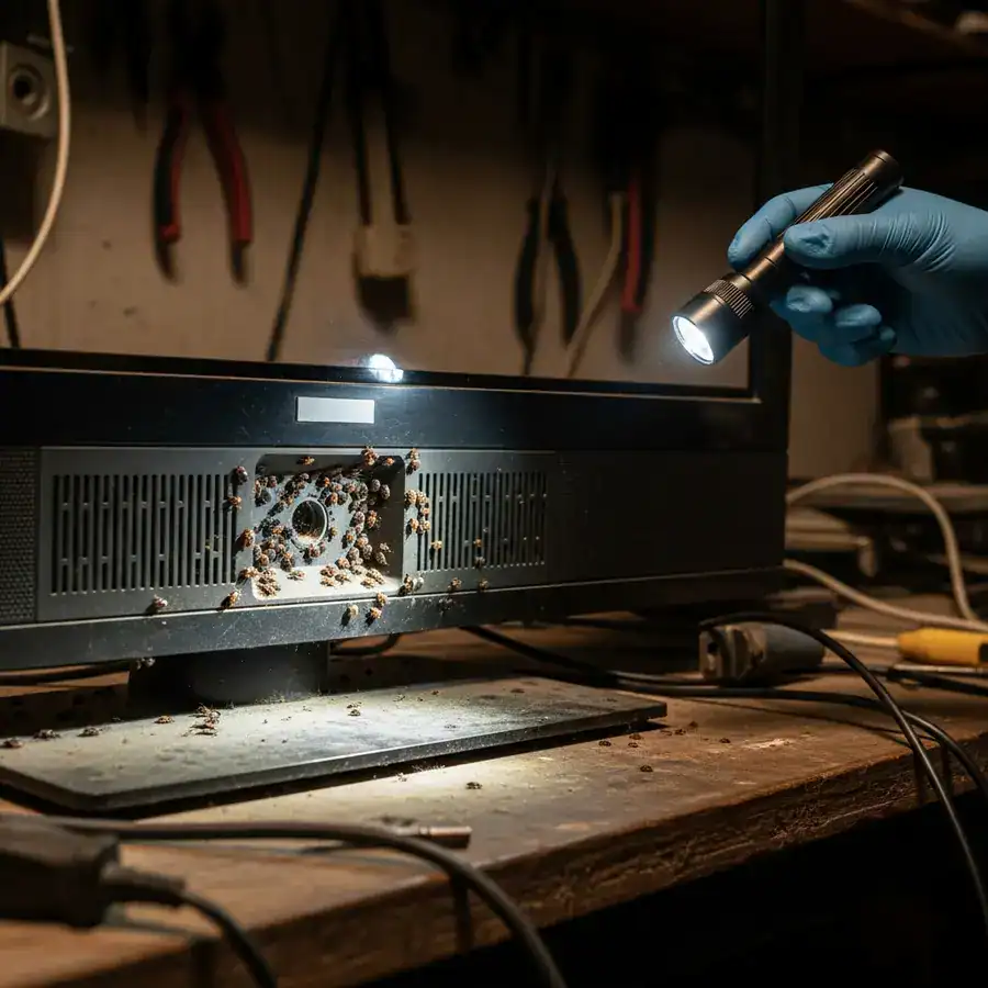Close-up of bed bugs. Technician inspecting infested TV vents with flashlight. Dark, cluttered basement workshop.